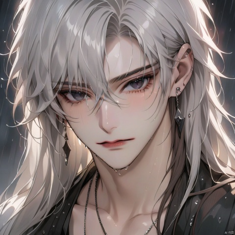 solo, long hair, looking at viewer, brown hair, white hair, black eyes, 1boy, jewelry, closed mouth, upper body, male focus, earrings, necklace, lips, wet, portrait, rain
