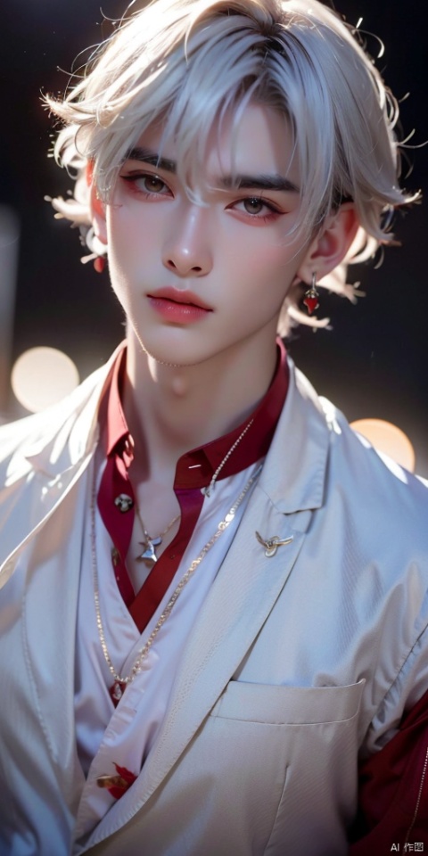 looking at viewer, short hair, bangs, shirt, red eyes, 1boy, hair between eyes, jewelry, jacket, white shirt, upper body, white hair, male focus, earrings, parted lips, solo focus, necklace, blurry, blood, blurry background, chain, blood on face, blood on clothes, blood from mouth, xinyue