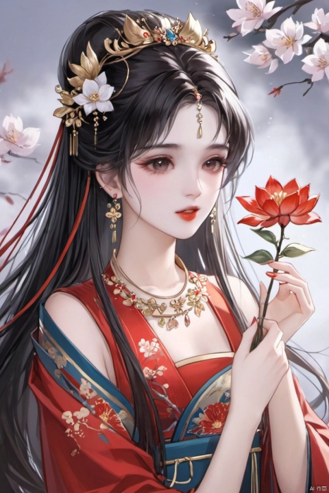 1girl, solo, long hair, black hair, hair ornament, dress, holding, jewelry, upper body, flower, earrings, necklace, red dress, chinese clothes, holding flower, xinyue