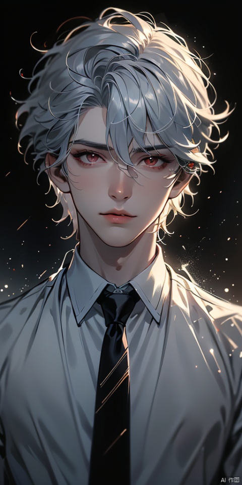 solo, looking at viewer, short hair, bangs, shirt, red eyes, 1boy, hair between eyes, closed mouth, white hair, male focus, necktie, collared shirt, blurry, lips, blurry background, formal, portrait, black necktie, light particles