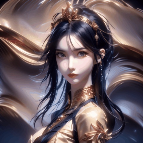 (High Quality, High Quality, Art, Beauty, Aesthetics: 1.2), a Chinese ancient costume girl looking back, tied her hair and wearing a hair crown, gold jewelry, beautiful face, flowing hair, flowing clothes, tight face, original game character painting