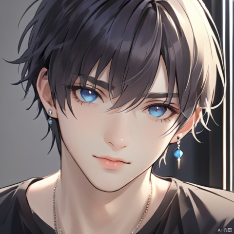 solo, looking at viewer, short hair, bangs, blue eyes, 1boy, jewelry, closed mouth, male focus, earrings, necklace, lips, black shirt, portrait, blinds