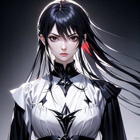 (High quality, best quality, art, beauty and aesthetics: 1.2), girl, Gothic style, 2D anime, black shiny hair, red eyes, sword eyebrows, sharp black eyes, thin and pursed lips, sharp contours, slender figure, aloof and solitary, imposing, half body photo, special effects, ultra clear, hazy
