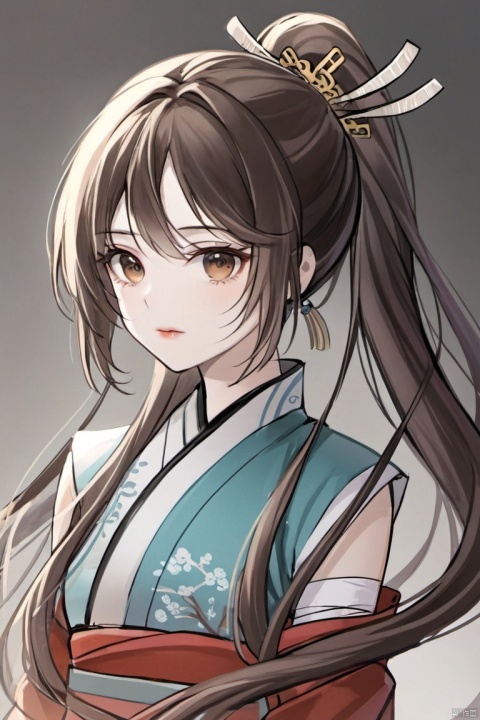 1girl, solo, long hair, looking at viewer, brown hair, black hair, hair ornament, dress, upper body, ponytail, bandages, chinese clothes