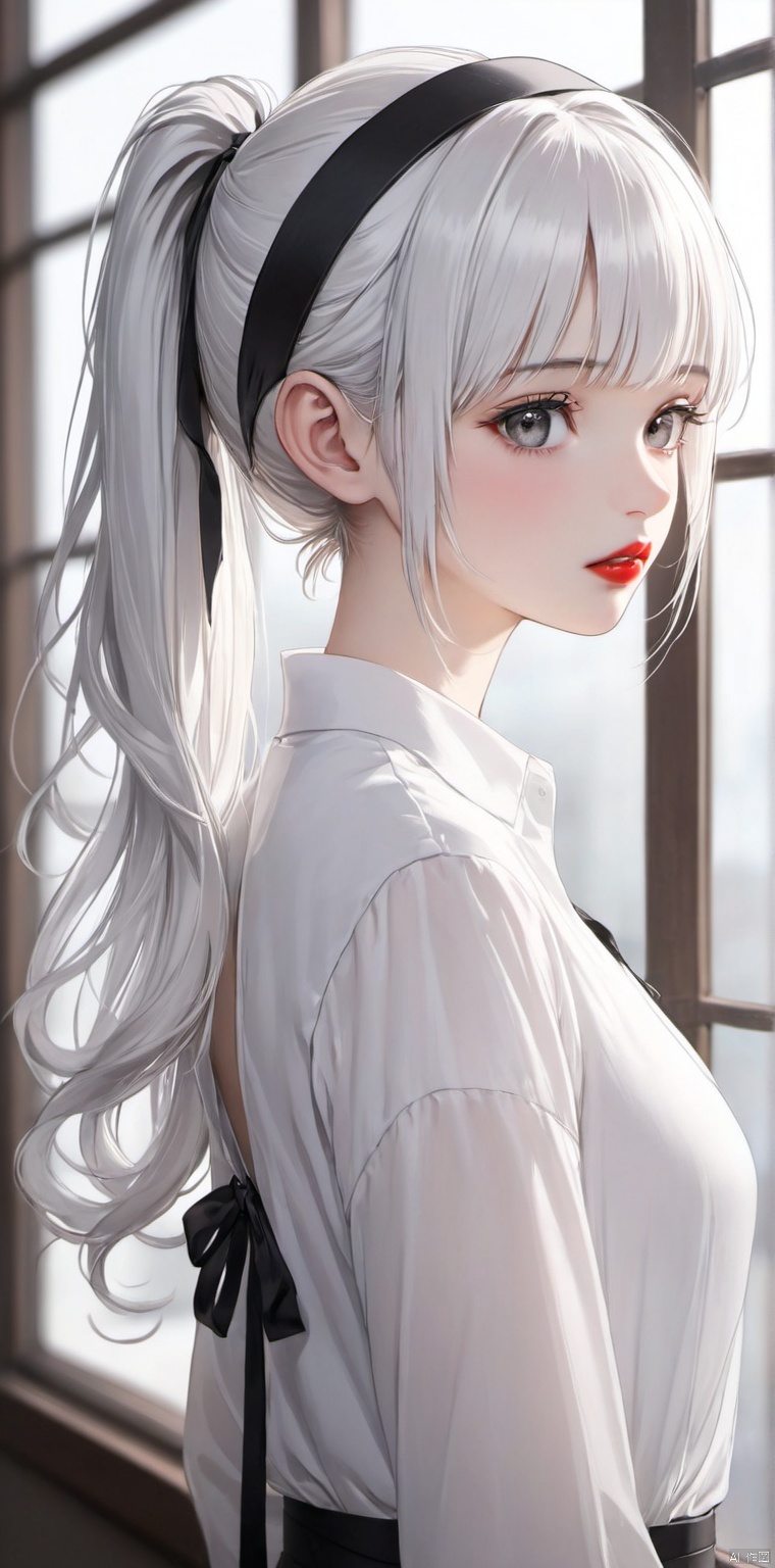 1 girl, alone, long hair, chest, looking at the viewer, bangs, shirt, ribbon, hairband, white shirt, upper body, ponytail, white hair, parted lips, turning back, indoor, blurred, from the front, lips, side view, gray eyes, window, black ribbon, light grains, red lips, xinyue