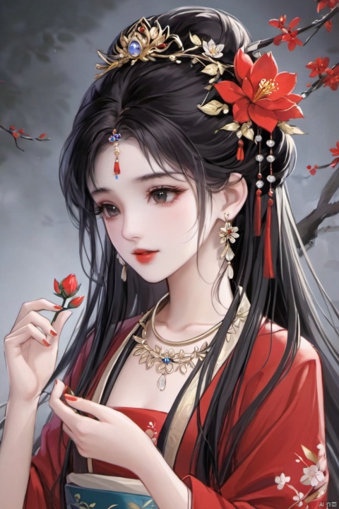 1girl, solo, long hair, black hair, hair ornament, dress, holding, jewelry, upper body, flower, earrings, necklace, red dress, chinese clothes, holding flower, xinyue