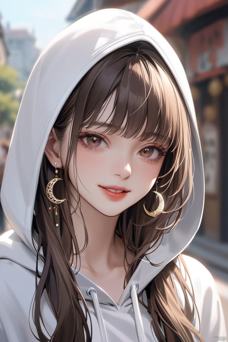 1girl, solo, long hair, looking at viewer, smile, bangs, brown hair, jewelry, upper body, earrings, outdoors, parted lips, teeth, day, hood, blurry, lips, hoodie, blurry background, crescent, hood up, realistic, white hoodie, xinyue