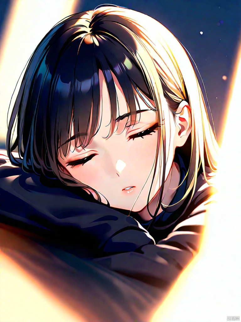 A young woman with long, dark hair falls across her shoulders as she reclines in a black jacket, her features softened by the blurred focus. Her closed eyes and pursed lips convey a sense of contemplation or serenity. The upper body is sharply in focus, while the surrounding environment fades into a hazy blur, drawing attention to her enigmatic expression.