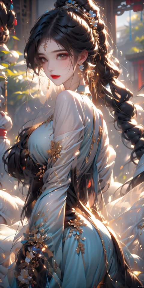 1girl, solo, long hair, breasts, looking at viewer, bangs, brown hair, black hair, hair ornament, long sleeves, dress, holding, bare shoulders, jewelry, closed mouth, ponytail, flower, earrings, detached sleeves, hair flower, white dress, from side, facial mark, chinese clothes, tassel, branch