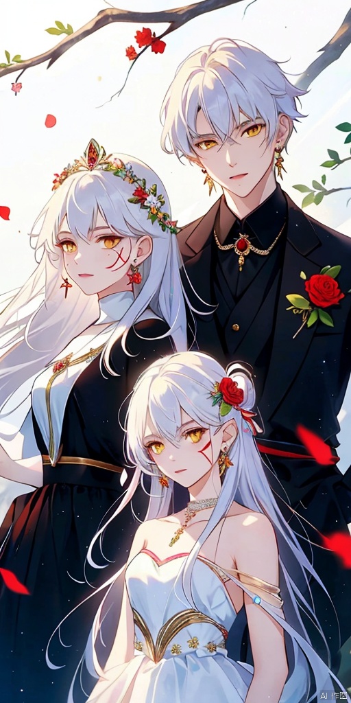 1girl, long hair, looking at viewer, hair ornament, 1boy, jewelry, yellow eyes, flower, white hair, earrings, hair flower, mole, fur trim, mole under eye, siblings, facial mark, red flower, brother and sister, branch, bishounen