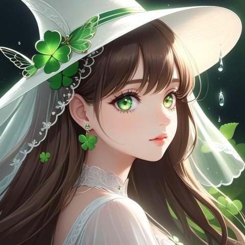 1girl, solo, long hair, looking at viewer, brown hair, hat, jewelry, closed mouth, green eyes, upper body, earrings, from side, lips, eyelashes, leaf, white headwear, bug, gem, butterfly, veil, water drop, clover, four-leaf clover, glowing butterfly