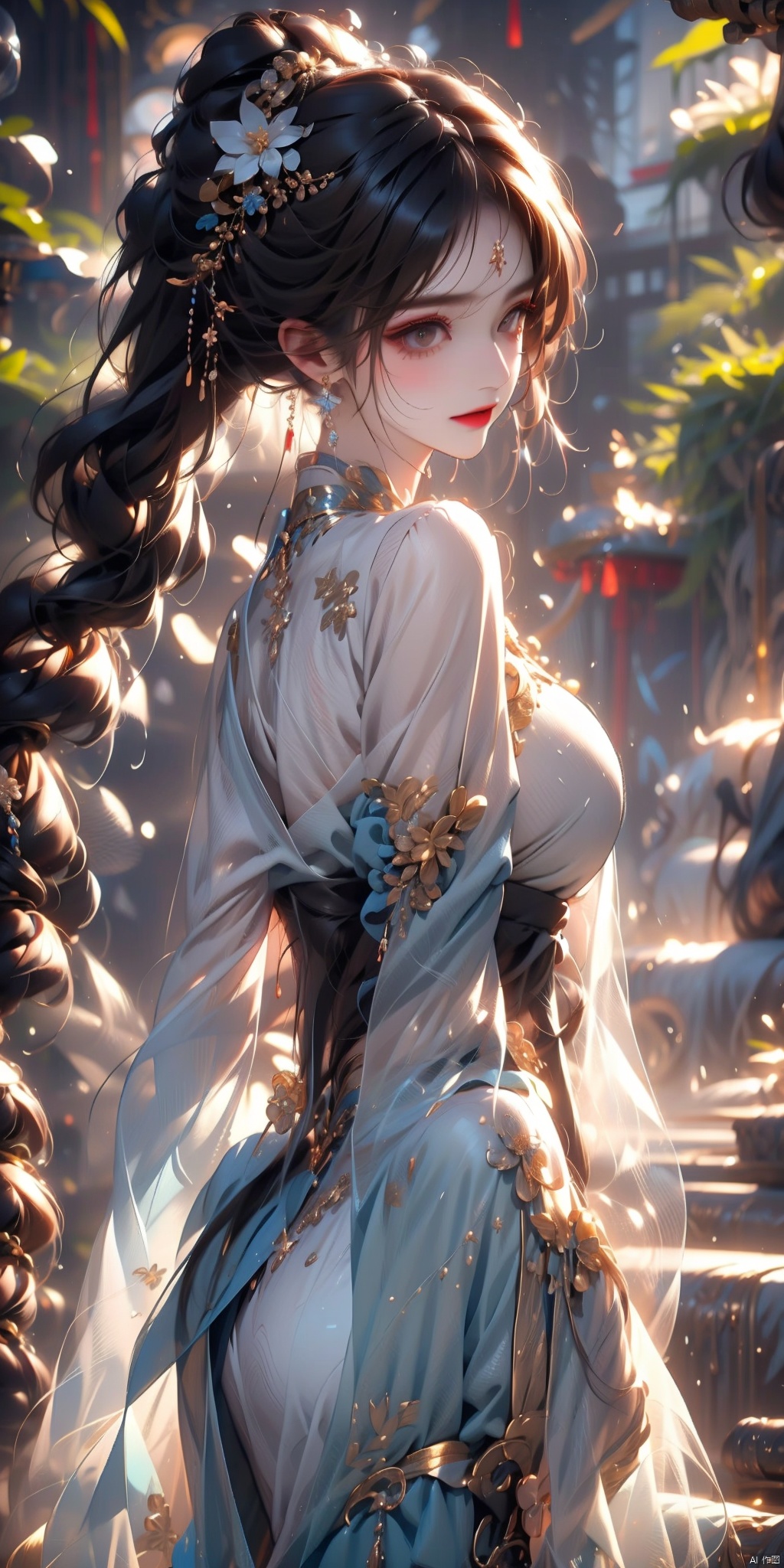 1girl, solo, long hair, breasts, looking at viewer, bangs, brown hair, black hair, hair ornament, long sleeves, dress, holding, bare shoulders, jewelry, closed mouth, ponytail, flower, earrings, detached sleeves, hair flower, white dress, from side, facial mark, chinese clothes, tassel, branch