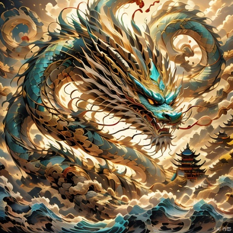 Solo, open mouth, red eyes, outdoors, sky, clouds, water, Chinese dragon, phoenix, no humans, ocean, fangs, cloudy sky, electricity, waves, lightning, chinese dragon, long