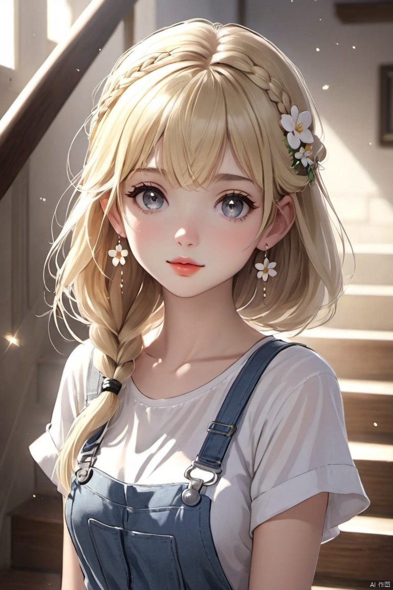 1girl, solo, long hair, looking at viewer, bangs, blonde hair, shirt, hair ornament, jewelry, closed mouth, white shirt, upper body, braid, flower, short sleeves, earrings, indoors, hair flower, medium hair, lips, grey eyes, light particles, stairs, overalls