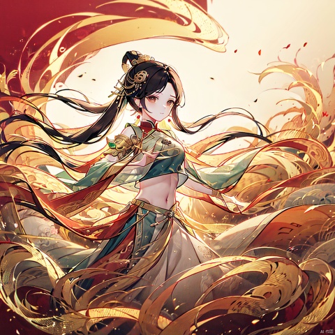  , (masterpiece:1.2), best quality,PIXIV,long hair, shoulder armor, black hair, gloves, hanfu, brown hair, white gloves, chinese clothes, looking at viewer, tassel, earrings, wide sleeves, jewelry, standing, long sleeves, pauldrons, closed mouth, ponytail, dragon, brown eyes, bangs, cape,Chinese girl,traditional Chinese, qiuyinong,midjourney portrait, backlight, colors, Hanfu, fire, HUBG_Rococo_Style(loanword), long, dunhuang,burning, midjourney portrait, qilin, DUNHUANG_CLOTHS, dunhuang_cloths, dofas, hanfu2, (\long yun hengtong\),wuxia,wunv,三国杀,jewelry, lmw,spark, 1girl, daoshi, yue , hair ornament , hanfu, red and gold dress, shufa background,navel, landscape, Chinese style, girl, longnv, loong, Shifengji, FanSe, orgdress