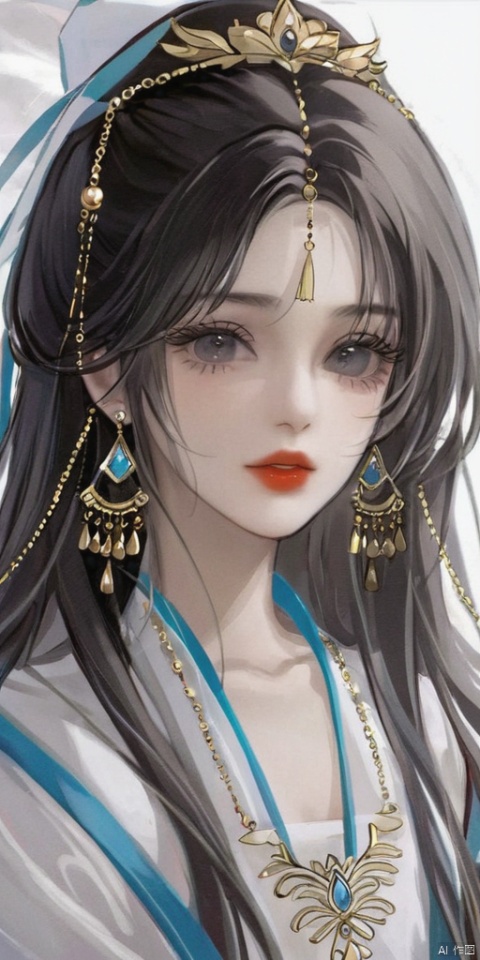 1girl, solo, long hair, looking at viewer, shirt, jewelry, white shirt, upper body, white hair, earrings, parted lips, lips, grey eyes, eyelashes, tassel, tassel earrings