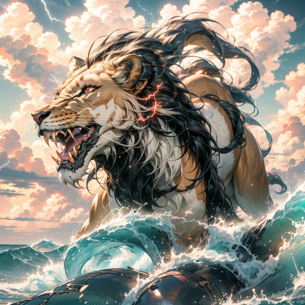 solo, open mouth, red eyes, outdoors, horns, sky, cloud, water, pokemon \(creature\), no humans, ocean, fangs, cloudy sky, electricity, waves, lightning, lion,中国龙,机甲,高达, girl
