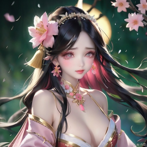 1girl, solo, long hair, blush, black hair, hair ornament, jewelry, upper body, flower, earrings, tears, hair flower, blurry, eyelashes, blurry background, chinese clothes, crying, tassel, pink flower, rain, crying with eyes open, branch, red lips, tassel earrings, flower earrings