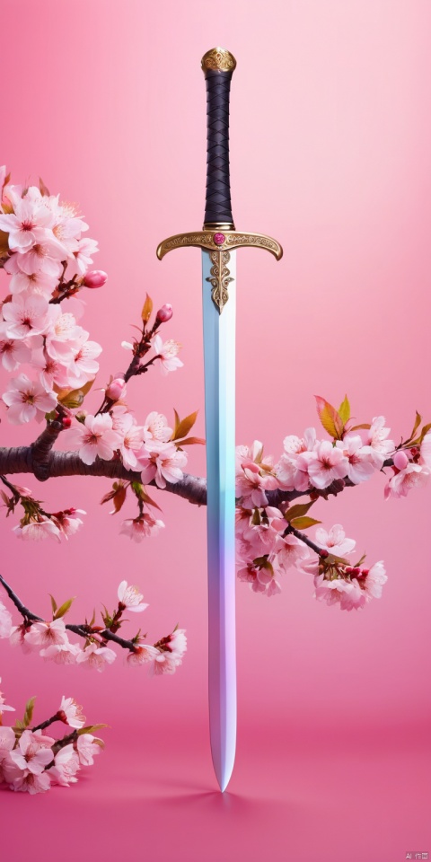 flower, sword, tree, gradient, petals, gradient background, no humans, pink background, cherry blossoms, pink theme, still life