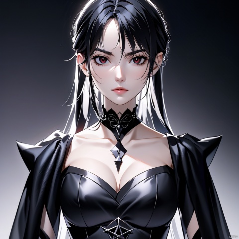 (High quality, best quality, art, beauty and aesthetics: 1.2), girl, Gothic style, 2D anime, black shiny hair, red eyes, sword eyebrows, sharp black eyes, thin and pursed lips, sharp contours, slender figure, aloof and solitary, imposing, half body photo, special effects, ultra clear, hazy
