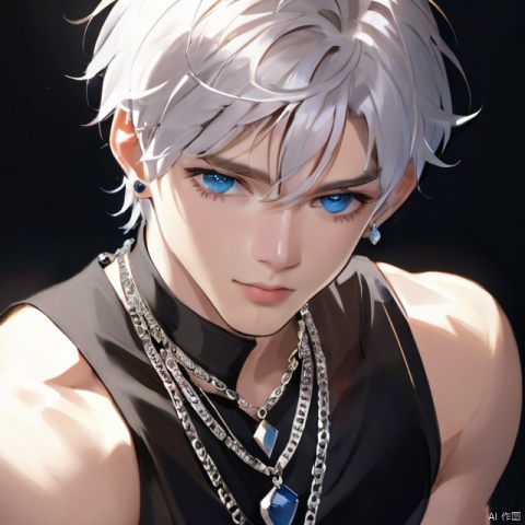 solo, looking at viewer, short hair, bangs, blue eyes, shirt, 1boy, hair between eyes, bare shoulders, jewelry, closed mouth, upper body, white hair, male focus, earrings, sleeveless, necklace, black shirt, sleeveless shirt, turtleneck, chain, black background, gem, portrait, armlet, glint, chain necklace
