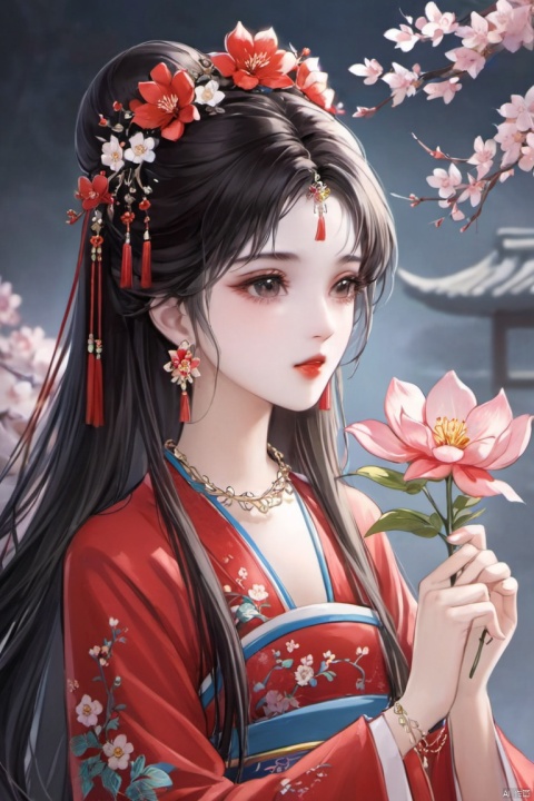 1girl, solo, long hair, black hair, hair ornament, dress, holding, jewelry, upper body, flower, earrings, necklace, red dress, chinese clothes, holding flower, xinyue