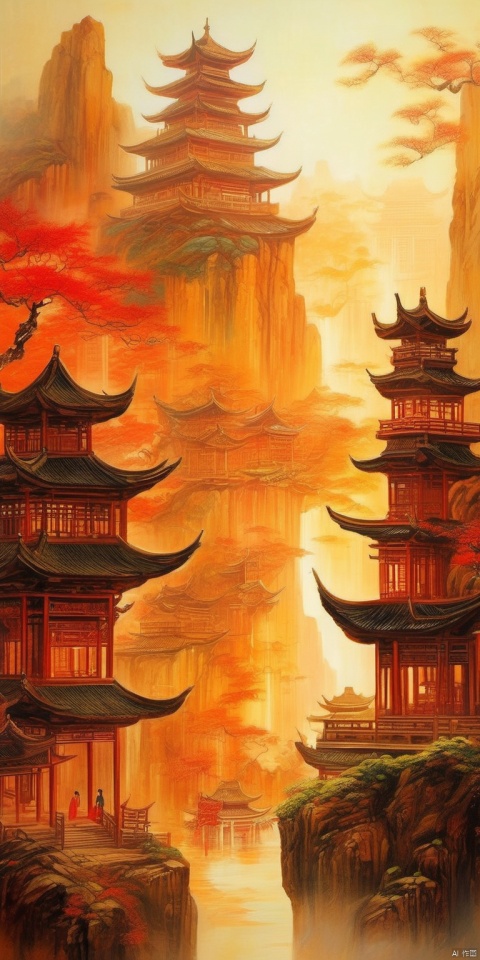 Fantasy, (Ink and wash style), (elaborate Chinese paintings), hell, mythology, sky, city of light, waterfalls, (irregular buildings floating in the air), fantasy art, shaft of light, high detail, masterpieces, high detail, excellent lighting, super detail, depth of field, science fiction, cyberpunk, masterpieces, best quality, ((super detail)), chinese tradition, originality, ink and wash paintings, chinese traditional paintings, long stone steps in front of a building (clear lines: 2), minimalist design, ancient chinese paintings
, tiger