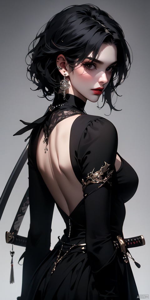  {gothic},{very detailed light},{painting},{{very fine 8K CG wallpaper}}, (Premium, Best Quality, Art, Beauty and Aesthetics: 1.2),1girl, solo, breasts, looking at viewer, short hair, bangs, black hair, hair between eyes, jewelry, medium breasts, closed mouth, upper body, weapon, earrings, looking back, sword, grey background, from behind, black eyes, lips, gradient, gradient background, eyelashes, piercing, katana, ear piercing, weapon on back