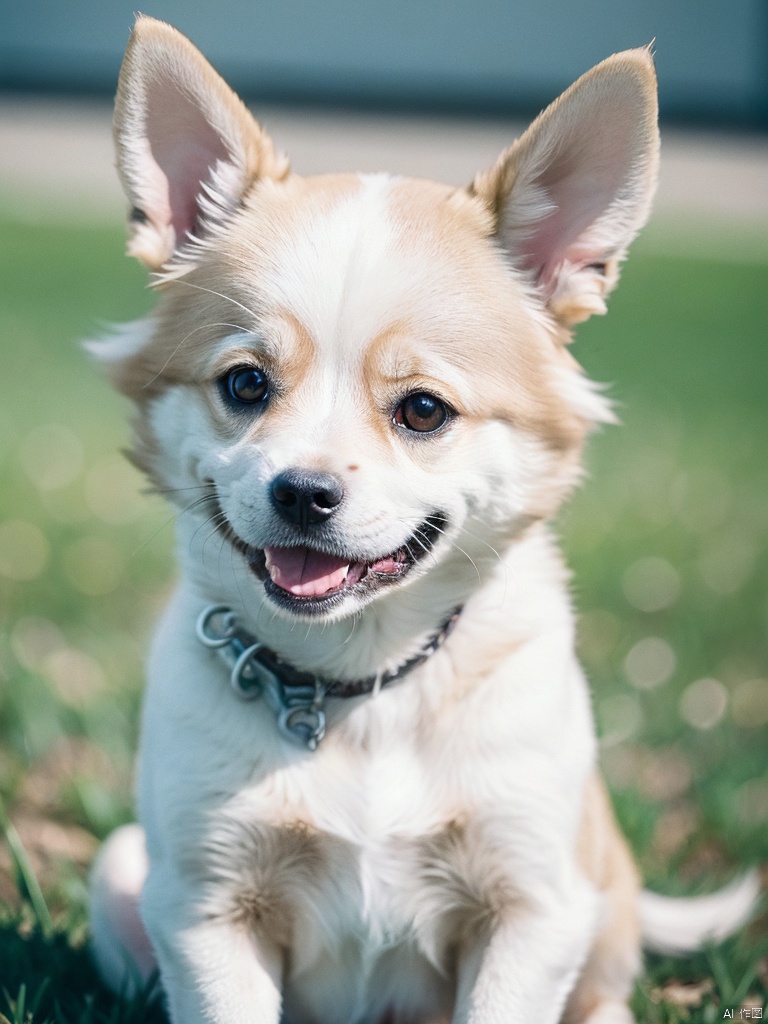  It is a fluffy little dog with bright and lively big eyes and erect little ears. Its body is rounded and adorable, always full of energy as it runs around. Whenever it smiles, that innocent grin always warms my heart.，diagonal shot, RAW candid cinema, 16mm, color graded portra 400 film, remarkable color, ultra realistic, textured skin, remarkable detailed pupils, realistic dull skin noise, visible skin detail, skin fuzz, dry skin, shot with cinematic camera