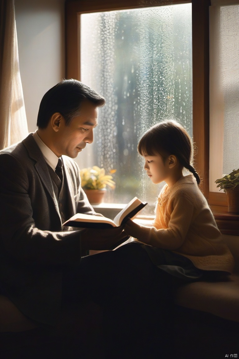  In the study, a father accompanies his child in reading. They sit by the window, where the patter of raindrops gently taps on the glass. The room is filled with the scent of books and the warmth of a father's love. The father's fingertips flip gently through the pages, while the child listens intently, her eyes sparkling with a thirst for knowledge. Their shadows intertwine under the light, creating a cozy scene.
