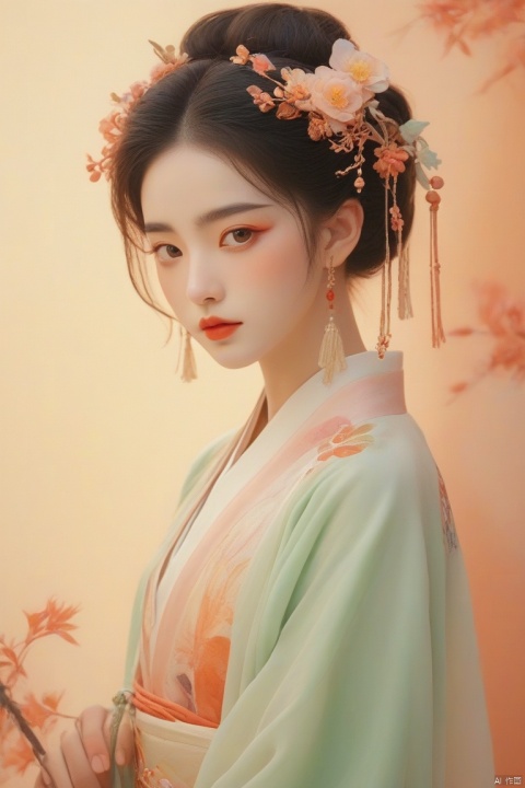 jade,girl,delicate facial features,youthful woman,Hanfu,vibrant warm hues,floral accessories,soft pastel background,,