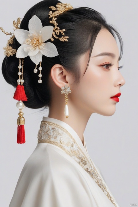 (masterpiece, top quality, best quality, official art, beautiful and aesthetic:1.2),meixue, 1girl, hair ornament, solo, jewelry, earrings, beads, looking at side, flower, black hair, make up, chinese clothes, from side, red lips, closed mouth, hair flower, pearl \(gemstone\), white background, upper body, tassel, hair bun