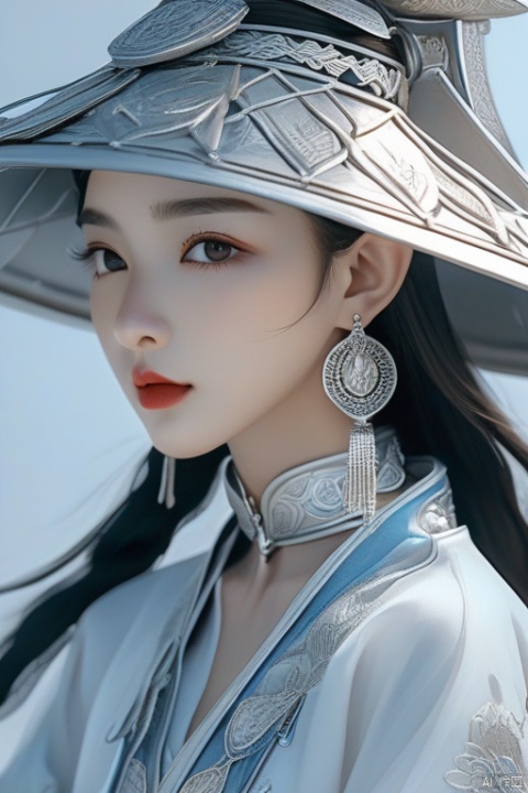 Best quality,masterpiece,16K,realistic,cinematic image quality,realistic,1girl,Chinese Yi ethnic clothing,Silver metal headwear,brown eyes,earrings,hat,jewelry,Yi ethnic metal jewelry,A huge metal hat,Headwear metal tassels,Silver metal hat,lace,lace trim,lips,long hair,looking at viewer,parted lips,solo,upper body, Illustration, lianhua