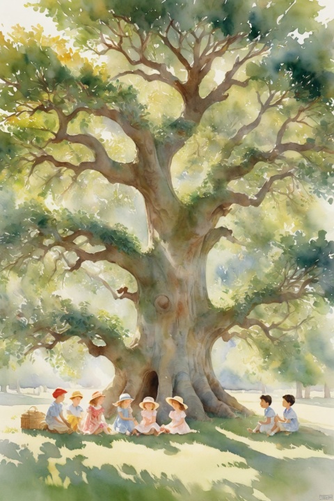 Delicate watercolor brushstrokes capture the whimsical charm of young friends playing beneath the sprawling canopy of a majestic tree. Boys and girls, dressed in elegant attire, surround the ancient trunk, their faces aglow with laughter and adventure. Soft sunlight filters through the leafy greens, casting dappled shadows on the lush grass below.