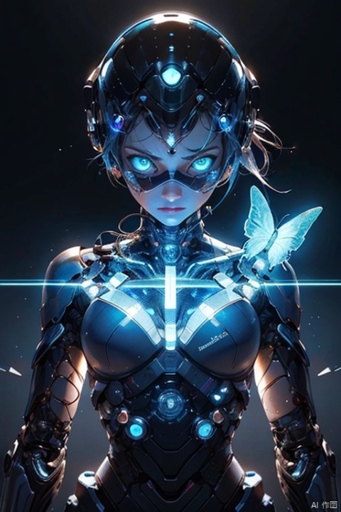scientist,A woman,with its intricate circuits and mechanics seen through a transparent body,in a low-lit setting that highlights reflective surfaces and the AI's internal glow,a scene embodying the balance of human emotion and AI logic,in stock photo style.,,a butterfly,