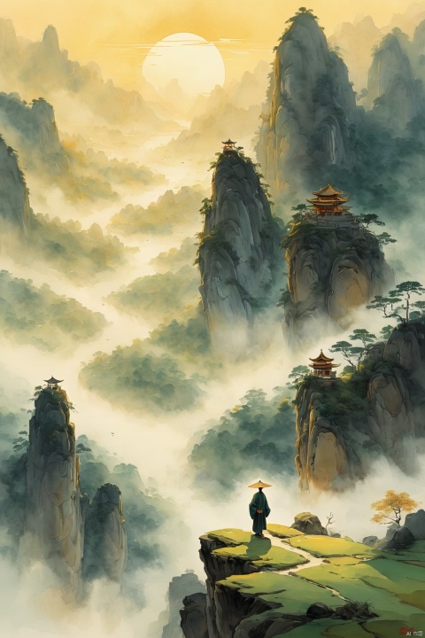 A serene Chinese landscape painting-style image: A misty morning in a secluded valley, with lush green trees and wispy clouds drifting lazily across the sky. In the foreground, a lone figure stands atop a rocky outcropping, gazing out at the tranquil scene below, as if contemplating life's mysteries. Soft golden light illuminates the landscape, casting a warm glow on the tranquil atmosphere.
