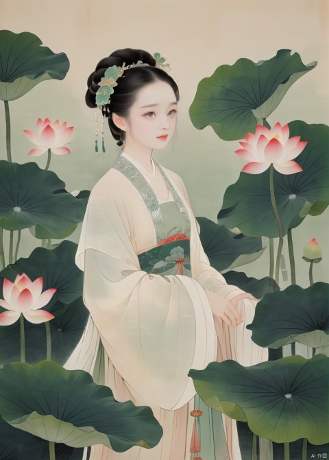 A beautiful Chinese style poster, bright scene, close-up close-up, half-length photo, beautiful and charming ancient Chinese women, dynamic, white translucent lotus, green translucent lotus leaves, transparency, light red background, Chinese Brush Painting, Meticulous Brushwork, Chinese Classical Painting School, Ancient Chinese Court Painting School, Bioluminescence, Fine and Sharp Details, Clear Texture, .1, traditional chinese ink painting