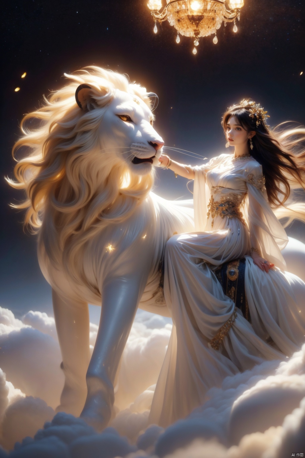  A girl with long flowing hair is riding on a majestic lion, which emits a starry glow. They are strolling on clouds surrounded by a colorful sea of flowers, each flower seems to be smiling at them. Girl and lion fantasy art by Gregory Manchess, concept art by Agnieszka Malyszek, digital painting by Alphonse Mucha, oil painting by Vincent van Gogh, photorealistic art by Gustav Klimt, trending on DeviantArt, trending on ArtStation, intricate details, vibrant colors, dreamy atmosphere, magical realism, full body shot, high resolution image, beautiful artwork.