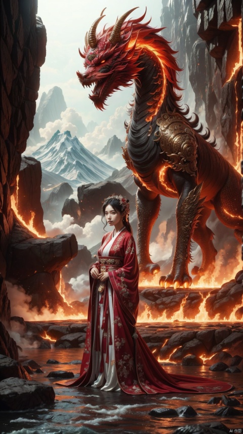  A young girl leaning against a flame Kirin, gazing at the distant snow mountain scenery with a focused expression. Surrounded by bubbling lava caves and dancing flames, her feet are submerged in a sea of fiery red flowers that seem to be celebrating her arrival. The intricate details of her clothing and the texture of the Kirin's scales are captured in high definition, creating a stunningly realistic and photorealistic painting art by Greg Rutkowski and Midjourney.

