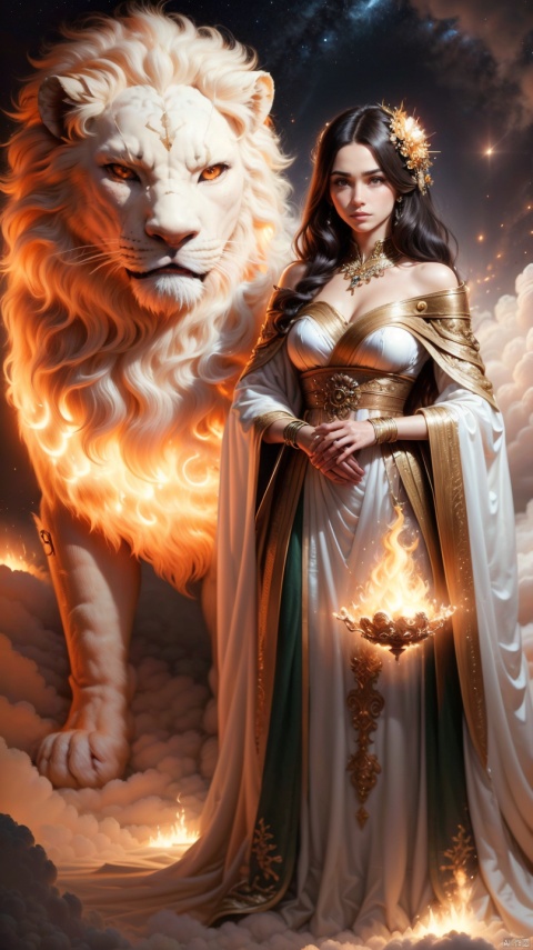  (1 girl), (wearing a gold embroidered dress), with long white hair, standing next to a flame lion. The lion is covered in flames, and the background is starry sky. The girl's gaze is firm, while the lion's gaze is wild and loyal. The entire scene is full of mystery and adventure. A girl with a fiery lion, night sky, stars, courage, determination, mythological creatures, fantasy, adventure, courage, loyalty, grandeur, magic, mystery, beauty (complex details, high resolution), clear focus, dramatic lighting, photo realistic art by Greg Rutkowski, Alphonse Mucha, and Frank Frazetta.