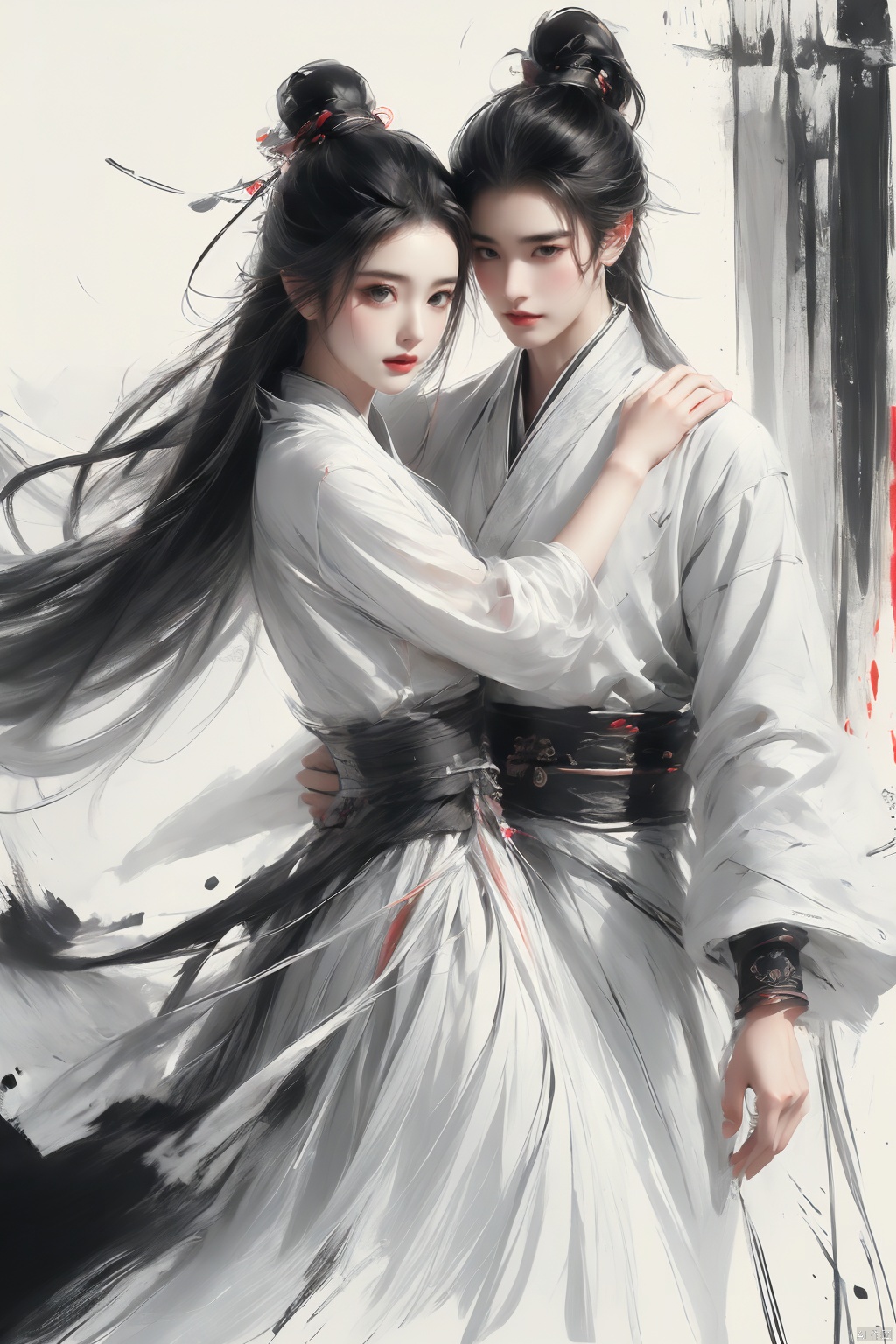  Pencil drawing with colored lead, long black hair, white pink clothes, delicate face, Hanfu, a man and a woman, lovers, embrace each other,Ink scattering_Chinese style, smwuxia Chinese text blood weapon:sw, lotus leaf, (\shen ming shao nv\)