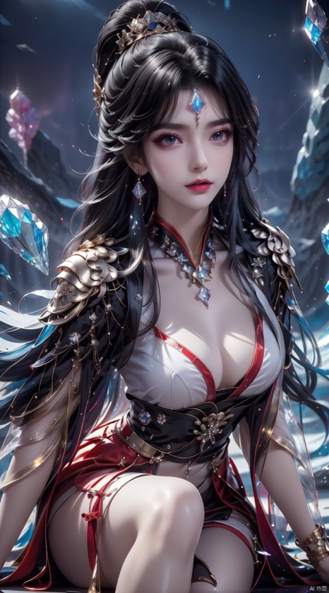  masterpiece,best quality,masterpiece,best quality,official art,extremely detailed CG unity 16k wallpaper,masterpiece,thigh,((1girl)),(science fiction:1.1),(ultra-detailed crystallization:1.5),(crystallizing girl:1.5),kaleidoscope,((iridescent:1.5) long hair),(glittering silver eyes),sitting,surrounded by colorful crystals,blue skin,(skin fusion with crystal:1.8),looking up,face focus,simple dress,transparent crystals,flat dark background,lens flare,prism, 1 girl, (\meng ze\), qingyi,hair ornament, 1girl, gold armor, huliya