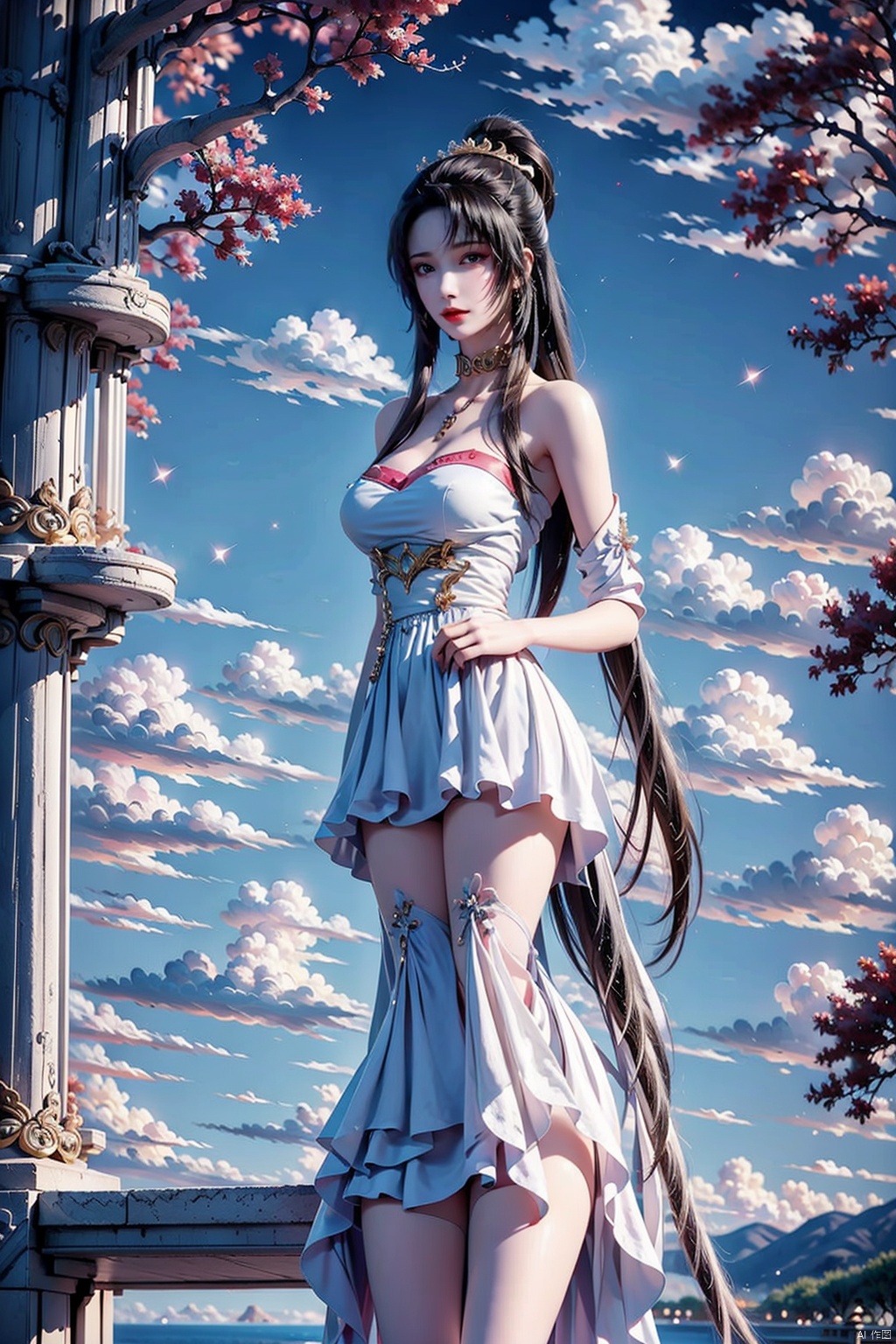  1girl, jewelry, dress, solo, long hair, thighhighs, white dress, black hair, earrings, outdoors, necklace, sky, blurry background, breasts, bare shoulders, blue sky, very long hair, looking at viewer, blurry, black thighhighs, tree, day, arms behind back, red lips, cloud, cowboy shot, large breasts, choker, ponytail, hair ornament, blackpantyhose, tianhu