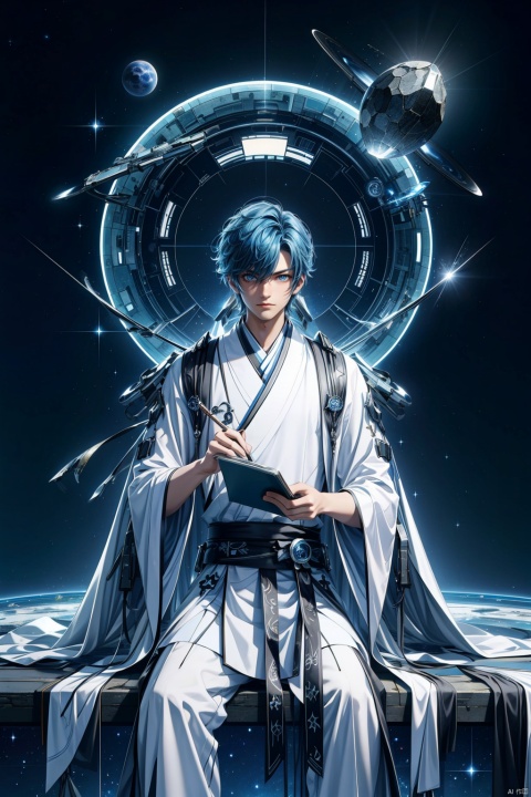  (8k, original photo, best quality, masterpiece: 1.2),1 boy. Blue hair, white and black Hanfu, futuristic robe. Sitting on a research platform floating in the middle of the asteroid belt. He is conducting research with a notebook, surrounded by several asteroids shining with blazing halos. Dramatic lights from distant stars and planets illuminated the scene, casting deep shadows on the Hanfu. The boy looks confident and determined, looking at the vast and mysterious universe with curiosity and respect, with a cowboy lens,Aso

