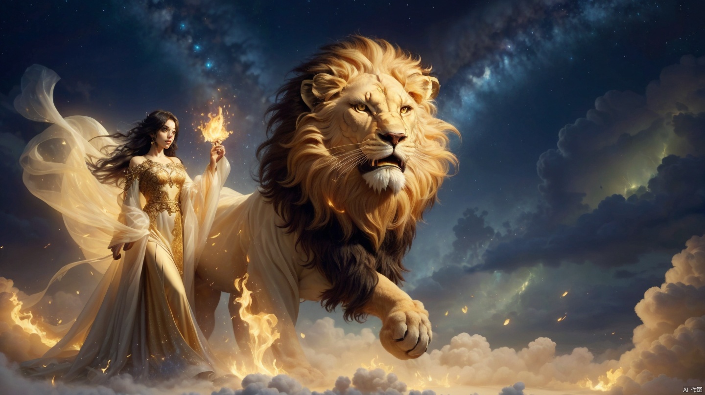  (1 girl), (wearing a gold embroidered dress), with long white hair, standing next to a flame lion. The lion is covered in flames, and the background is starry sky. The girl's gaze is firm, while the lion's gaze is wild and loyal. The entire scene is full of mystery and adventure. A girl with a fiery lion, night sky, stars, courage, determination, mythological creatures, fantasy, adventure, courage, loyalty, grandeur, magic, mystery, beauty (complex details, high resolution), clear focus, dramatic lighting, photo realistic art by Greg Rutkowski, Alphonse Mucha, and Frank Frazetta.