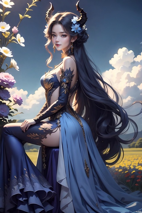 An elegant woman in a flower dress,long blue hair, sitting on in a field of flowering flowers against a backdrop of blue skies and white clouds, her hair and the corners of her dress fluttering slightly in the breeze, in high-definition, famous artist, Master Light&#039;sart painting,Clear and delicate blue eyes,demon horns,Looking back and smiling,full body