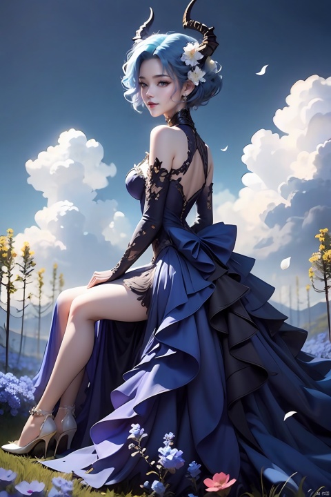 An elegant woman in a flower dress, short blue hair, sitting on in a field of flowering flowers against a backdrop of blue skies and white clouds, her hair and the corners of her dress fluttering slightly in the breeze, in high-definition, famous artist, Master Light&#039;sart painting,blue hair,Clear and delicate blue eyes,demon horns,Looking back and smiling,full body