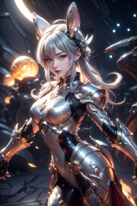  masterpiece,best quality,extremely high detailed,intricate,8k,HDR,wallpaper,cinematic lighting,(universe:1.4),Silver armor,glowing eyes,anthropomorphic rabbit mecha,red jewel, Armor inlaid with gemstones,xiaowu, jiqing, babata, qingyi, (\shen ming shao nv\), (\meng ze\), (\MBTI\)