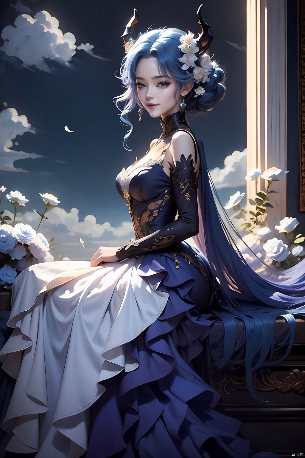 An elegant woman in a flower dress,medium blue hair, Sit against the wall in a field of flowering flowers against a backdrop of blue skies and white clouds, her hair and the corners of her dress fluttering slightly in the breeze, in high-definition, famous artist, Master Light&#039;sart painting,Clear and delicate blue eyes,demon horns,Looking back and smiling,full body,blue hair