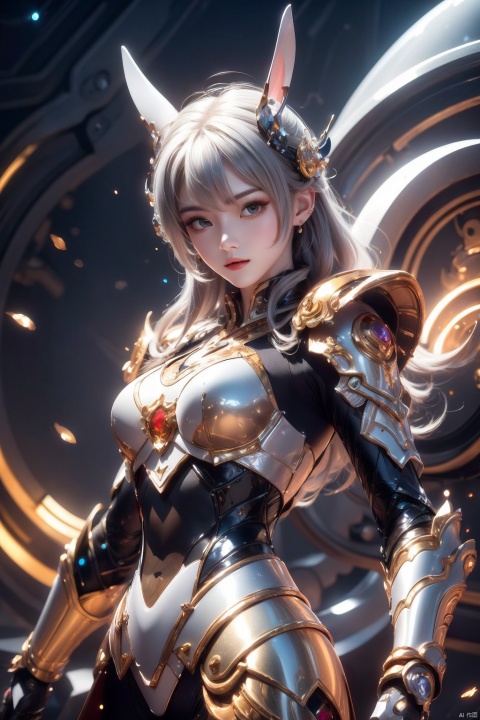  masterpiece,best quality,extremely high detailed,intricate,8k,HDR,wallpaper,cinematic lighting,(universe:1.4),Silver armor,glowing eyes,anthropomorphic rabbit mecha,red jewel, Armor inlaid with gemstones,xiaowu, jiqing, babata, qingyi, (\shen ming shao nv\), (\meng ze\), (\MBTI\)